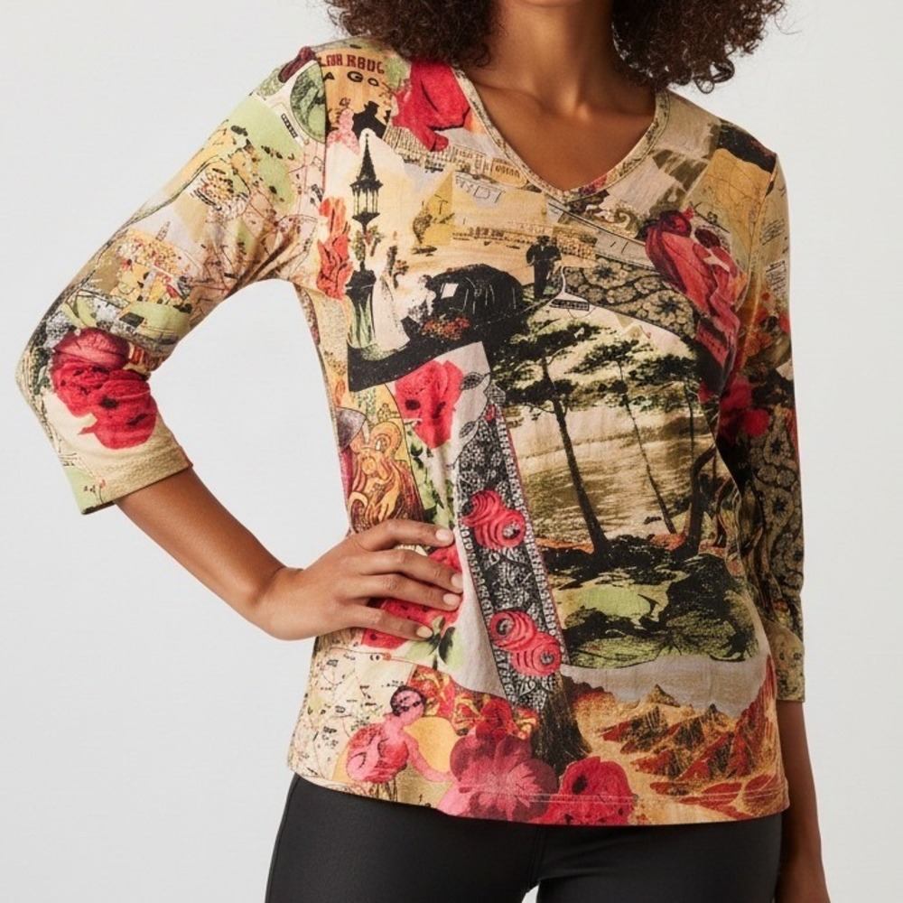Lynn Ritchie Womens Paris Postcard Print V-Neck Top Silk Cotton Casual Large